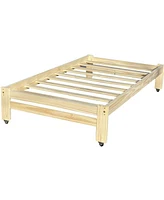 Slickblue Unfinished Solid Wood Platform Bed Frame with Casters Wheels