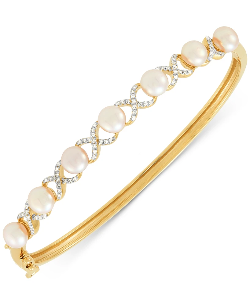 Honora Cultured Freshwater Pearl (5-1/2 - 6mm) & Diamond (1/4 ct. t.w.) Xo Bangle Bracelet in 14k Gold-Plated Sterling Silver