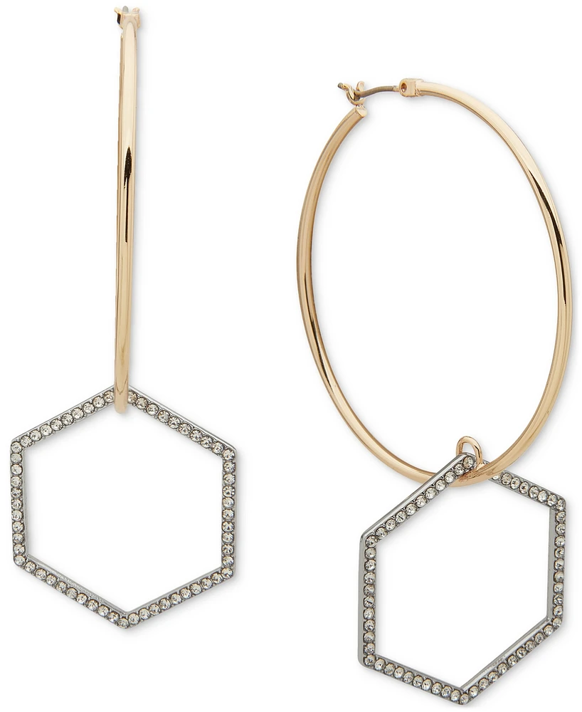 Dkny Two-Tone Pave Hexagon Charm Hoop Earrings