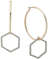 Dkny Two-Tone Pave Hexagon Charm Hoop Earrings