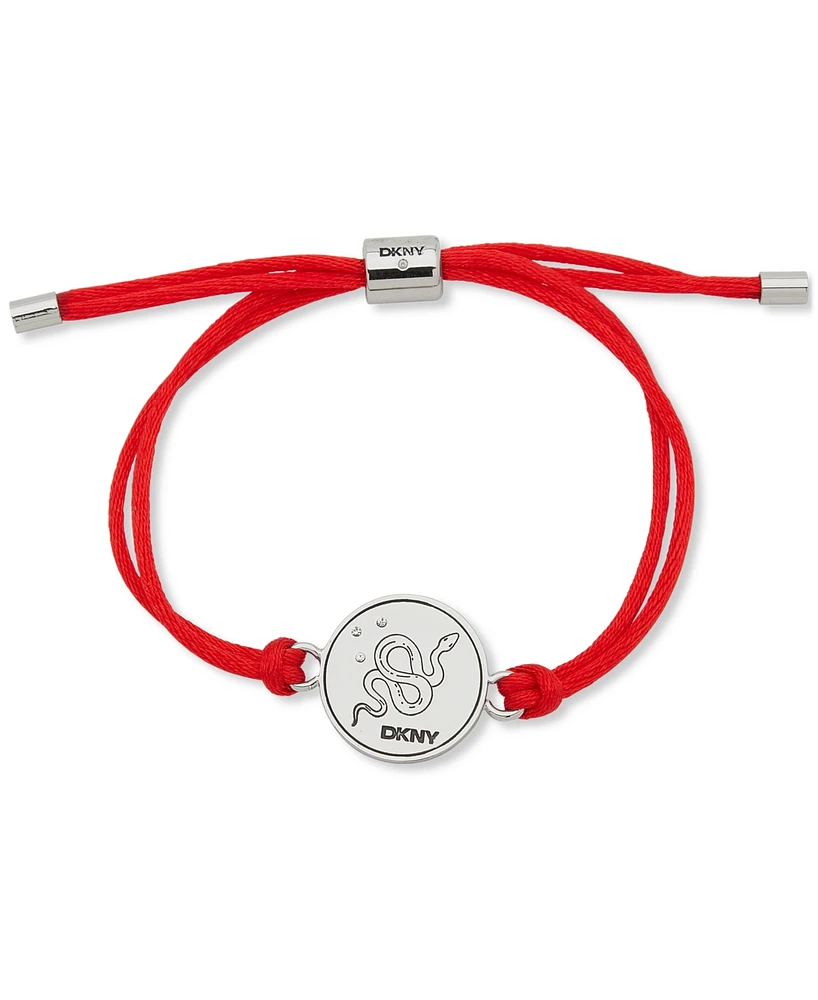 Dkny Silver-Tone Pave Snake Coin Red Cord Slider Bracelet