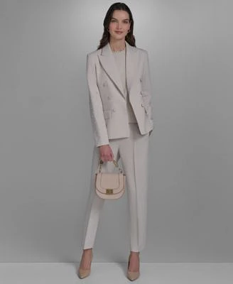 Karl Lagerfeld Paris Womens Open Front Pearl Embellished Jacket Slim Fit Pull On Pants Embellished Neck Sleeveless Knit Top