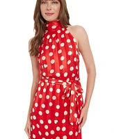 London Times Women's Polka-Dot Tie-Waist Mock-Neck Dress