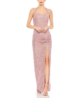 Mac Duggal Women's Sequined Halter Strap Low Side Knot Gown