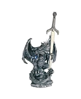 Fc Design "2-pc Gift Set" 5"H Medieval Silver Dragon Holding Blue Gemstone and Sword Guardian Figurine Statue Ornament Home Room Office Decor and Perf