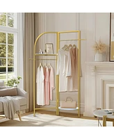 Unho Gold Metal Corner Coat Rack: Garment Rack with 2 Shelves Storage Hanging Clothes