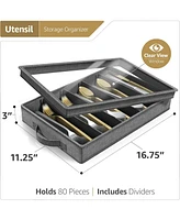 Sorbus Flatware Storage Chest with Clear Lid, Great Fabric Container Box for Organizing Utensils, Silverware, Flatware, Large Capacity, Gray
