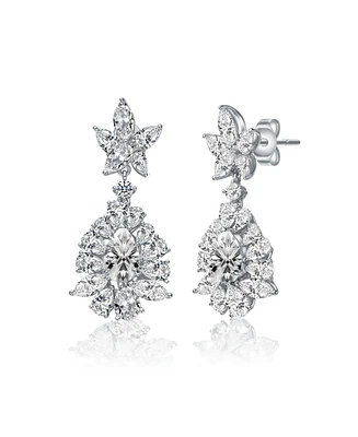 White Gold Plated Cubic Zirconia Snowflake Cluster Dangle Earrings