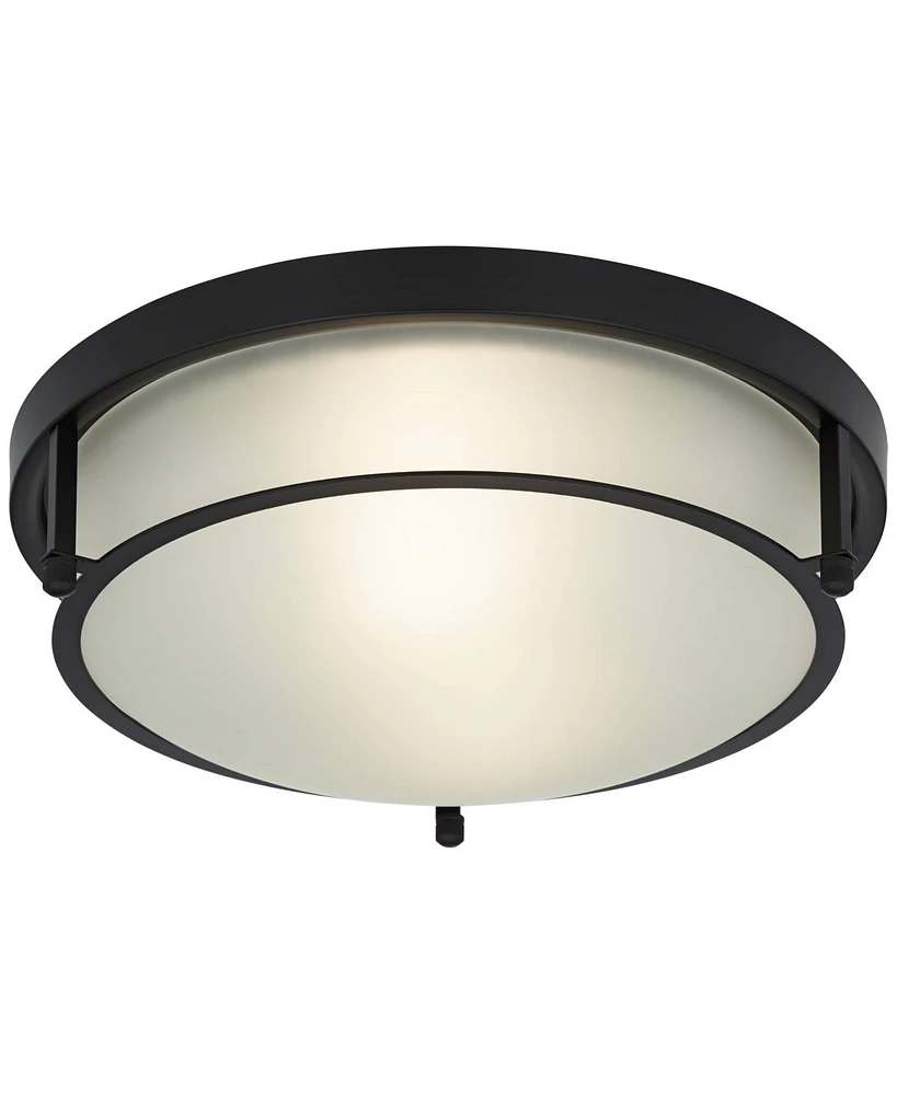 Possini Euro Design Encina 13" Modern Industrial Flush-Mount Ceiling Light Fixture Kitchen Foyer Hallway Round Black White Glass Metal Bedroom Bathroo