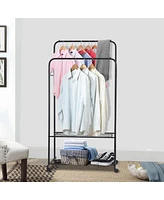 Unho Double Rail Clothes Stand: Garment Rack on Wheels with Storage Shelves