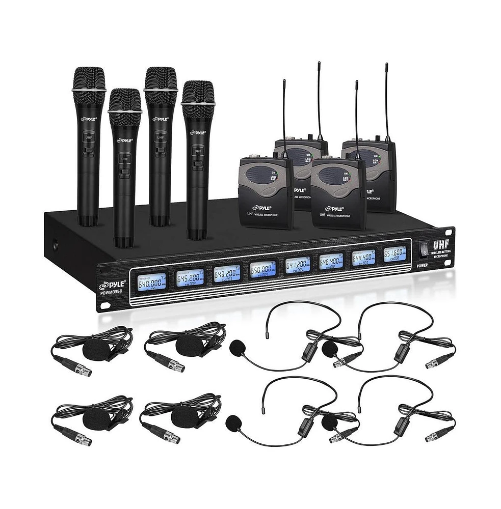 Pyle 8-Channel Uhf Wireless Microphone System with 4 Handheld Mics, 4 Beltpack Mics, Headsets & Lavalier Mics