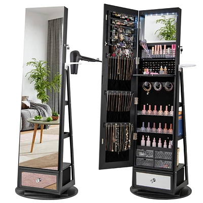 Gouun Lockable 360° Swivel Jewelry Cabinet with Full-Length Mirror Led Lights