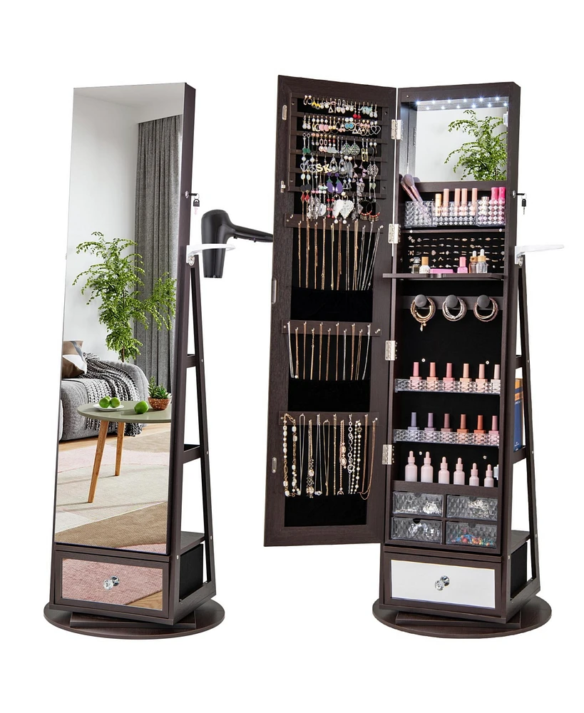 Gouun Lockable 360° Swivel Jewelry Cabinet with Full-Length Mirror Led Lights