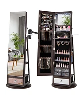 Gouun Lockable 360° Swivel Jewelry Cabinet with Full-Length Mirror Led Lights