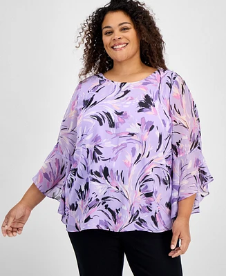 Kasper Plus Printed Ruffle-Sleeve Blouse