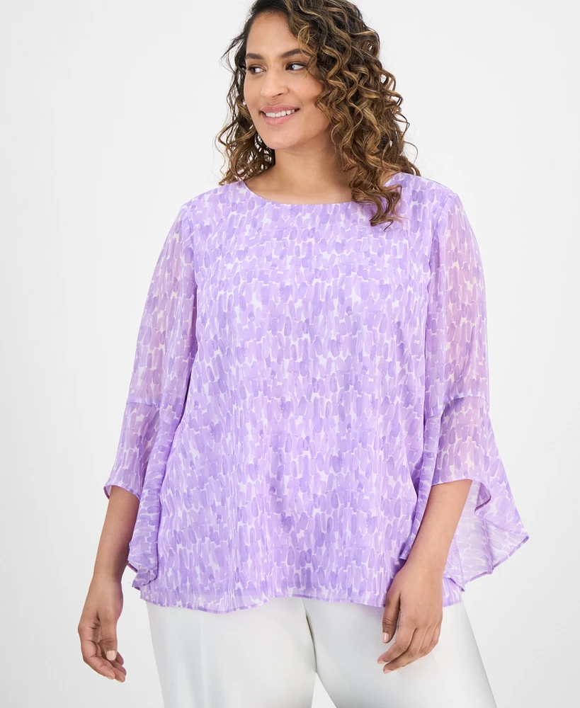 Kasper Plus Printed Bell-Sleeve Blouse