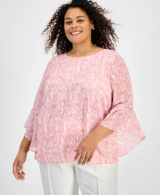 Kasper Plus Printed Bell-Sleeve Blouse