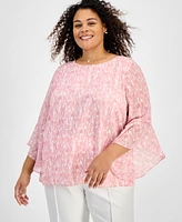 Kasper Plus Size Printed Bell-Sleeve Blouse