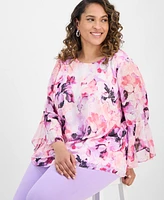 Kasper Plus Printed Bell-Sleeve Blouse