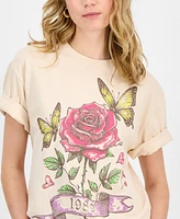 Rebellious One Juniors' Rose Butterfly Graphic-Print Cotton T-Shirt