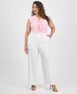 Kasper Plus Melange Crepe Wide-Leg Pull-On Pants