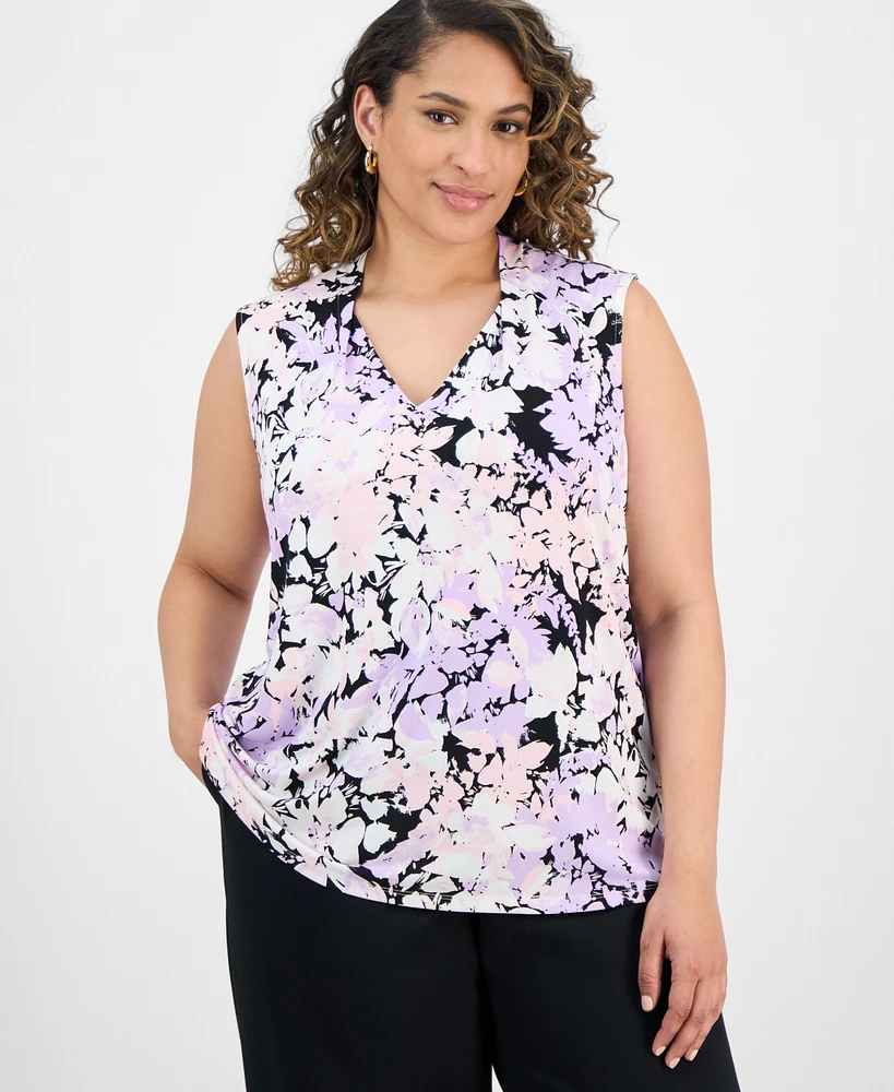 Kasper Plus Printed Sleeveless V-Neck Blouse