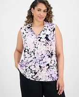 Kasper Plus Printed Sleeveless V-Neck Blouse