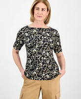 Style & Co Petite Gram Floral Elbow-Sleeve Tee, Exclusively at Macy's