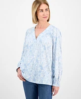 Style & Co Petite Vine-Print Smocked-Cuff V-Neck Top, Exclusively at Macy's