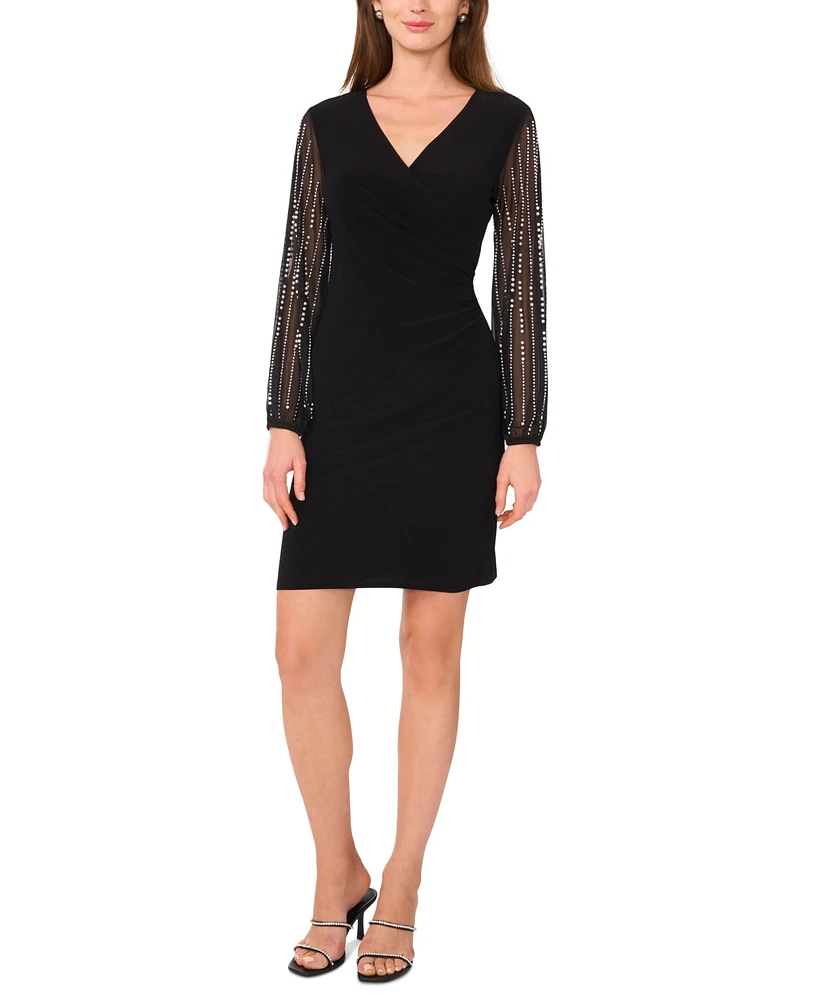 Msk Women's Surplice-Neck Beaded-Long-SLeeve Shift Dress