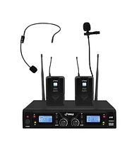 Pyle Uhf Wireless Microphone System Kit with (2) Body-Pack Transmitters, Headset & Lavalier Mics, Rack Mountable