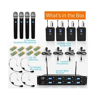 Pyle 8-Channel Uhf Wireless Microphone System Kit with 4 Handheld Mics, 4 Belt-Packs, 4 Headsets & Lavalier Mics