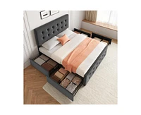 gaomon Queen Size Bed Frame with 4 Storage Drawers and Headboard, Linen Upholstered Platform Bed Frame with Wooden Slats Support, Button Tufted Design