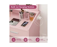 gaomon Vanity Desk with Mirror and Lights, Makeup Vanity with Power Outlet & Cushioned Stool, 3 Lighting Modes Adjustable Brightness