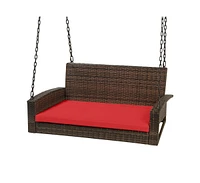 Slickblue Wicker Hanging Patio Porch Swing Bench with Mounting Chains and Seat Cushion