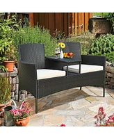 Gymax Patented Cushioned Rattan Wicker Patio Conversation Set w/ Loveseat Table Brown