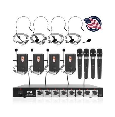 Pyle 8-Channel Wireless Microphone System with 4 Lavalier Mics, 4 Headsets, & 4 Handheld Mics