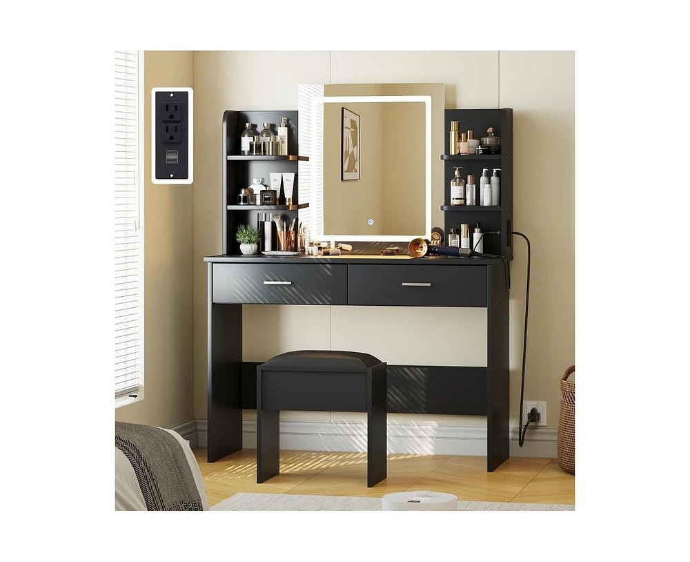 gaomon Vanity Desk with Mirror and Lights, Makeup Vanity Set w/Desk and Stool, Power Outlet, Makeup Vanity Desk with 6 Storage Shelves