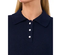 CeCe Women's Short Sleeve Polo Sweater with Cultivated Pearl Buttons