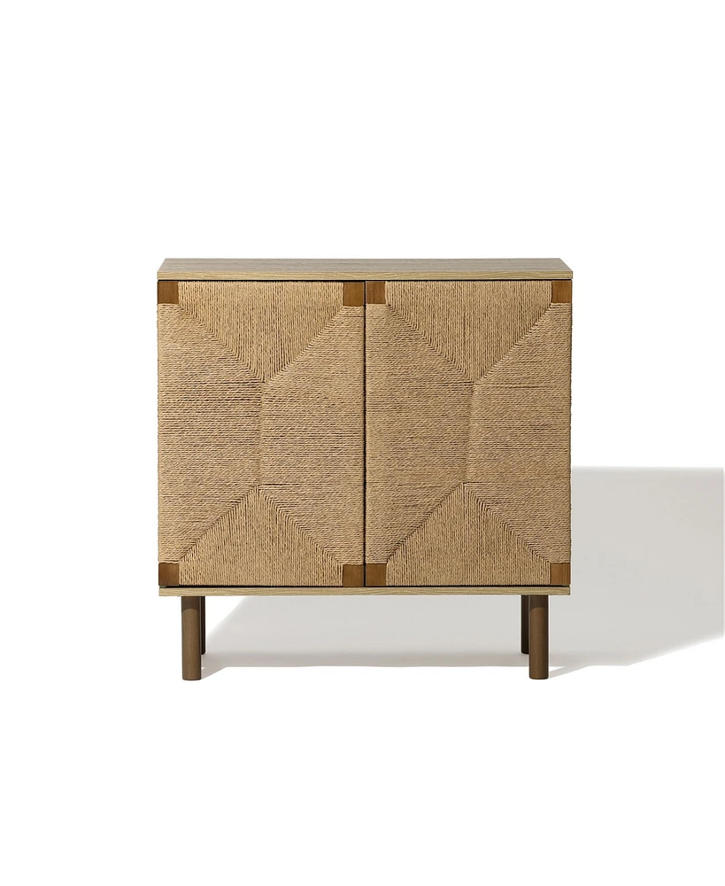 LuxenHome Mid-Century Modern Rope 2-Door Cabinet with Wood Legs