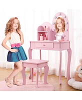 gaomon Vanity with Light, Pink Girls Vanity Set with Mirror, Stool Drawer and Pretend Makeup Playset