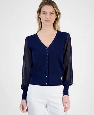 T Tahari Women's Contrast-Sleeve Button-Front Cardigan