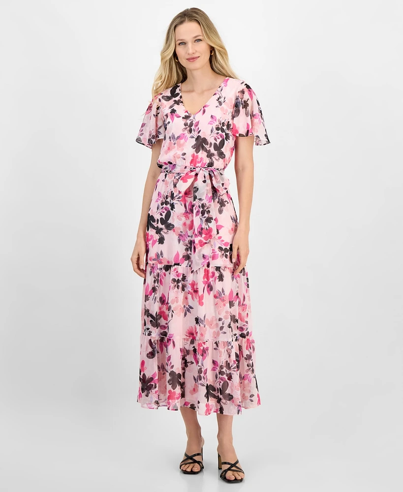 Kasper Women's Floral Chiffon Belted Flutter-Sleeve Dress, Regular and Petite Sizes