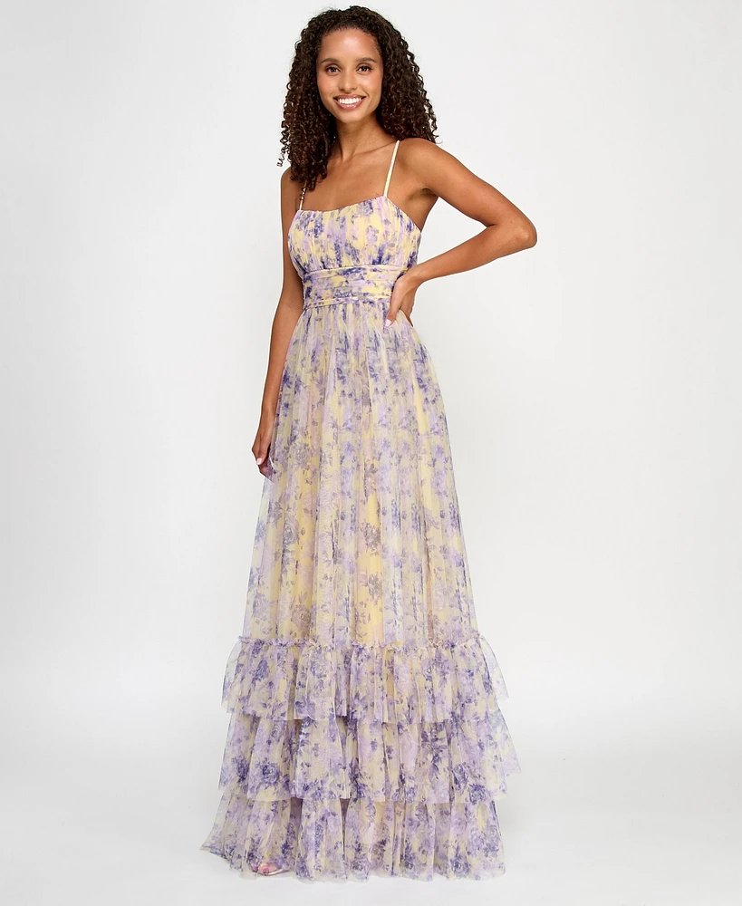 City Studios Juniors' Printed Tulle Ruffle-Hem Gown