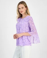 Kasper Women's Printed Ruffle-Cuff Bell-Sleeve Blouse, Regular and Petite Sizes