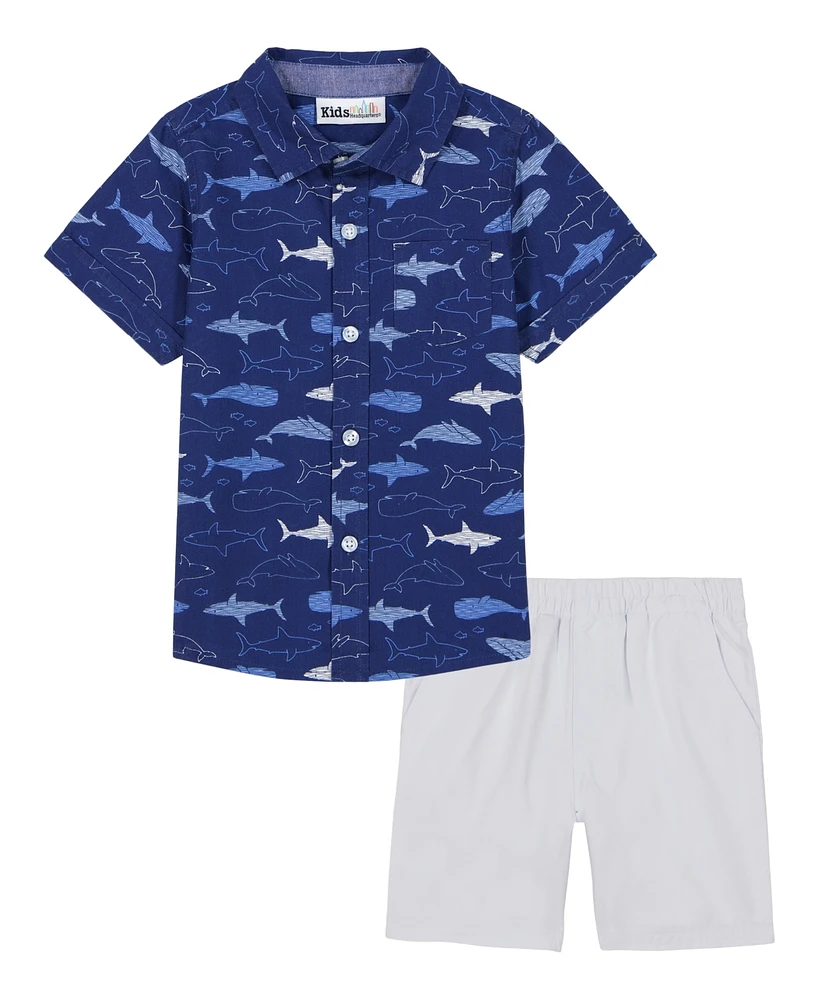 Kids Headquarters Toddler and Little Boys Short Sleeve Fish Print Poplin Shirt Twill Shorts