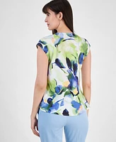 Tahari Asl Women's Printed Draped-Neck Cap-Sleeve Top