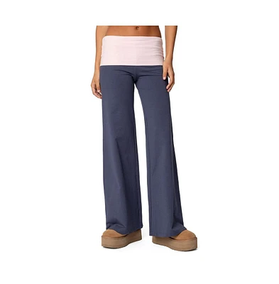 Edikted Womens Wide Leg Contrast Fold Over Pants