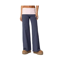 Edikted Women's Wide Leg Contrast Fold Over Pants