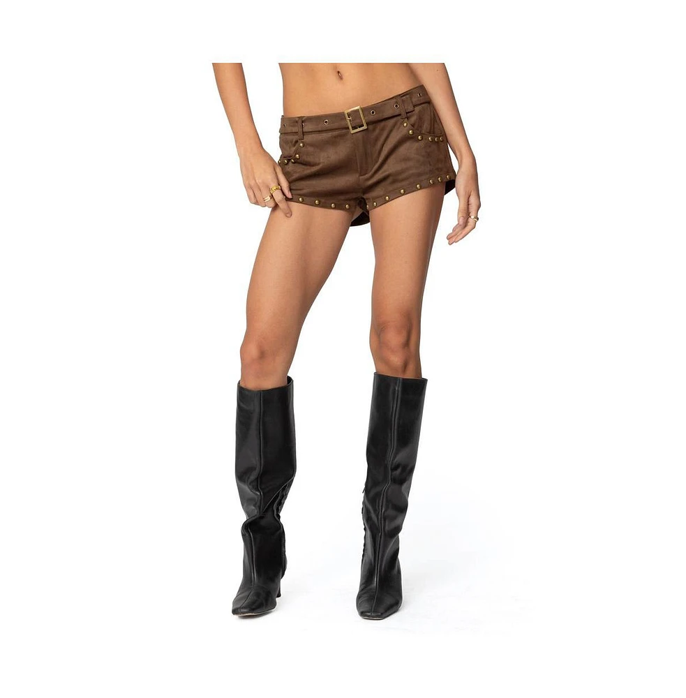 Edikted Women's Studded Faux Suede Micro Shorts